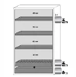 Paquete de equipamiento para armarios de seguridad para productos inflamables UNE EN 14470-1. Para modelos: S90.129.120.WDAS. ASECOS. Descripción: 3x bandeja, 1x bandeja perforada, 1x cubeto de retención (V=33.0L). Material: Acero inoxidable 1.4016