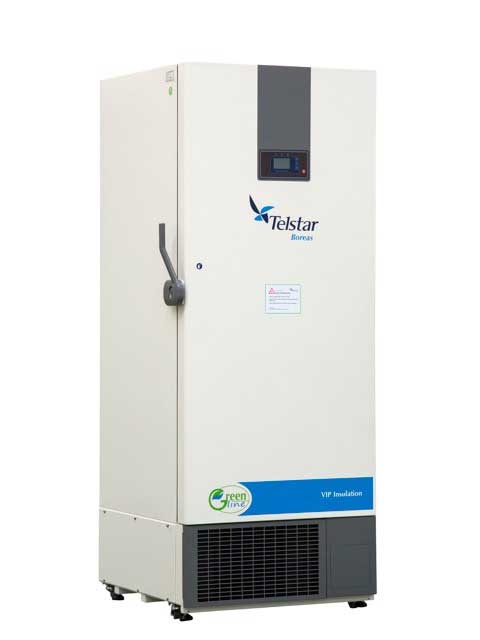 Ultracongelador Boreas vertical U830. TELSTAR®. Rango Temp. (ºC): -55 a -86. Dim. ext. AnxAlxPr (mm): 1080x2012x821. Volumen (l): 830. Peso (Kg): 352. Consumo (W): 14,8
