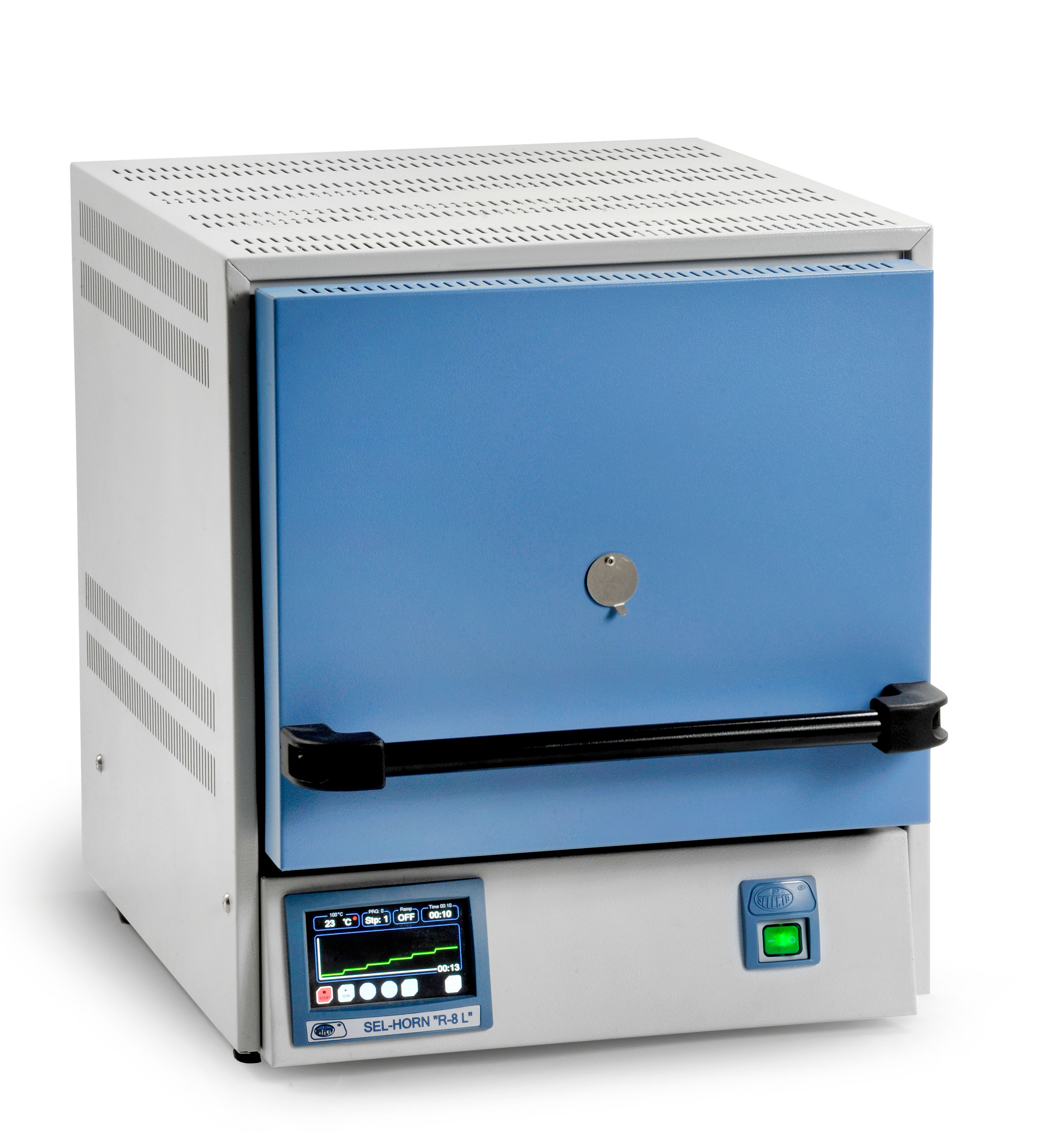 Electric muffle furnace R-8 L adjustable by touchable TFT screen up to 1100ºC. Precision ±2 °C. Capacity 8L. Ext Dim WxHxD (mm): 340x430x470.