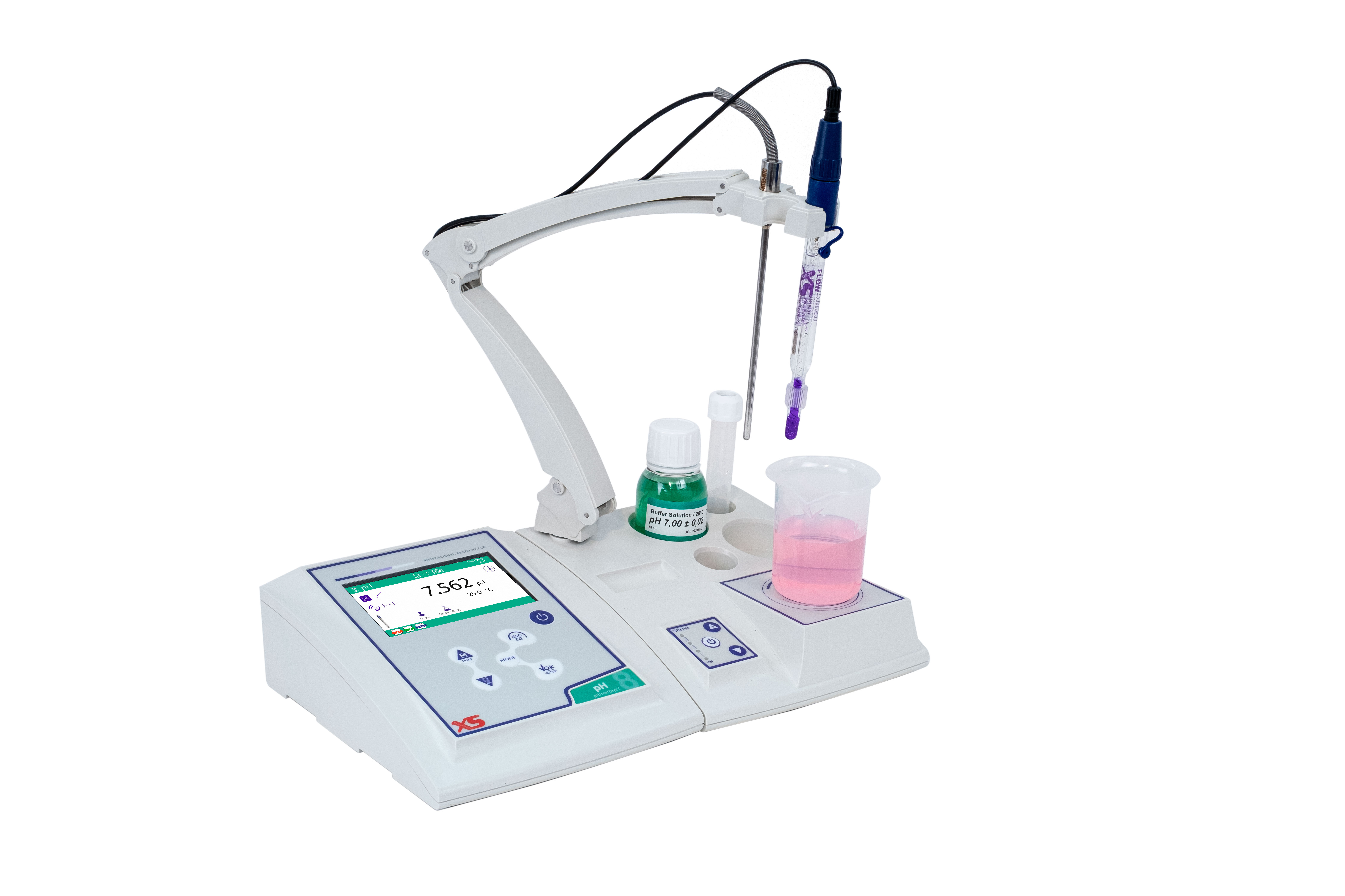 Benchtop pHmeters PH 8 PRO. XS. Magnetic stirrer with arm. Electrode: XS Polymer. Cable BNC. Tempreature sensor. Buffer solutions pH 7 and pH 4. Datalogger and Datalink software.  Measurement range: pH -2.00 to 16.00; Temp. -10 to 120.0 ºCmV ± 2000 mV.