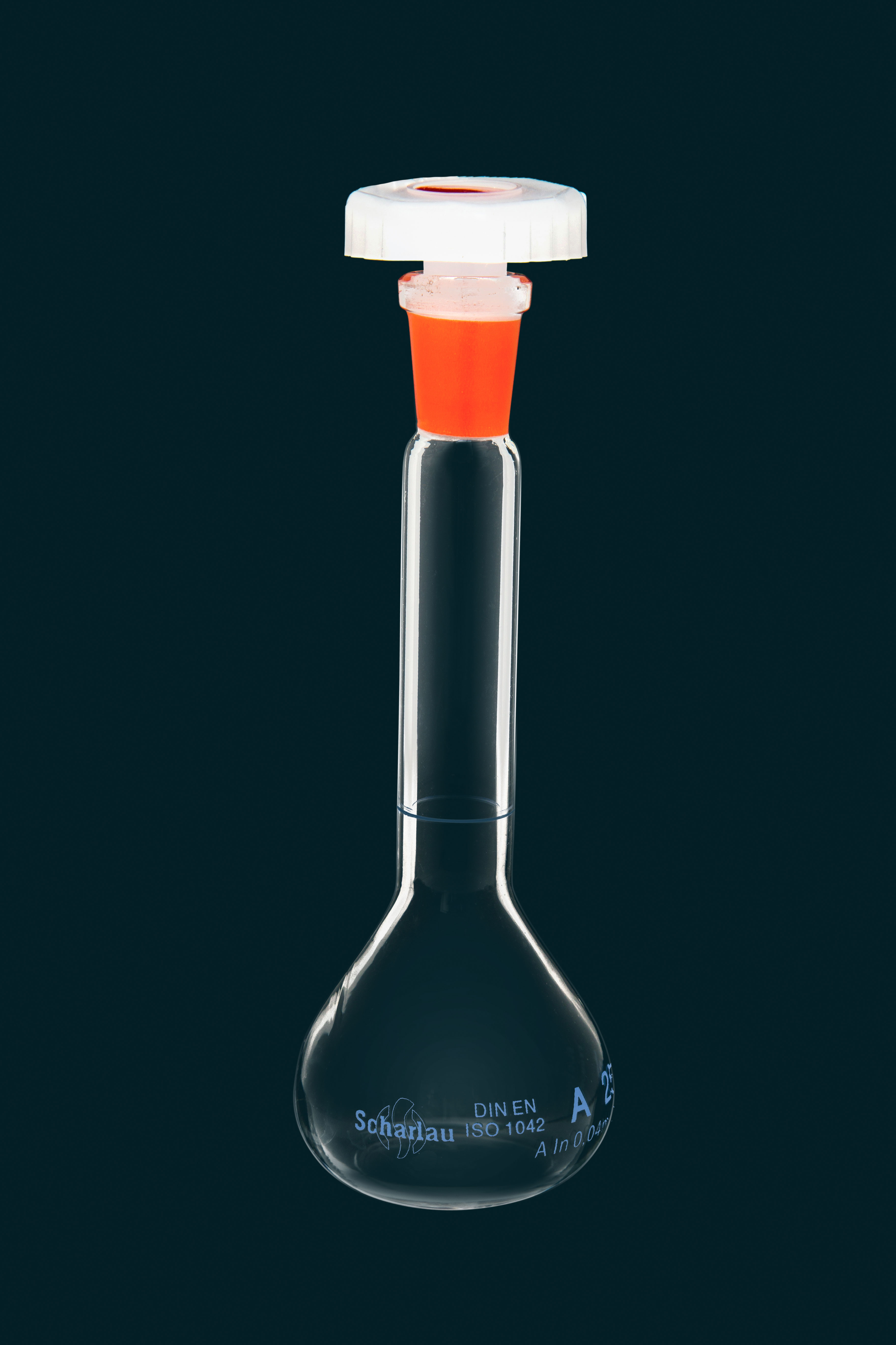 Volumetric flask with red neck, Class A, 25 ml, with PE stopper, lot number and certificate of conformity
