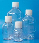 PET Octagonal Bottles 250 mL. CORNING® GOSSELIN™.  No Sterile Graduated bottle. Dim. WxH (mm): 64x135. Cap type: Tamper-evident screw cap with inner lip. Mouth diameter (mm): 32. Filmed Pack with Non-assembled Cap.