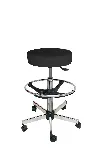 Vinyl Comfort stool with stainless steel foot. Branches: Casters. Adjustable seat: Yes, in height. Footrest: Yes, adjustable in height. Seat height (mm): 630-870. Colour: Black. Cleanroom: No. KANGO. Standard range. Ergonomic laboratory chairs and stools