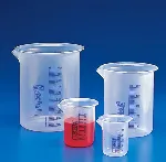 Low form beaker with blue graduations. Polypropylene. KARTELL. Capacity (mL): 250. Subdivision (mL): 10. Ø ext. (mm): 71. Height (mm): 95