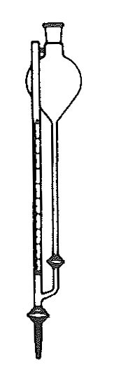 Burette with 300 ml reservoir, capacity 10 ml. Class A, with graduation 1/20, glass stopcock.