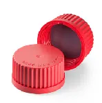 Tapón roscado con junta de silicona revestida de PTFE, resistente a altas temperaturas. DURAN®. Rosca DIN (GL): 45. Diámetro externo (mm): 54. Altura (mm): 28. Color: rojo. Material: PBT