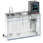 Bath for viscometers CC-130A Visco 3. HUBER.No positions: 3. Temp. range (ºC): (15) 28 -100. T Stability (ºC): ±0,01. Heating power (kW): 2. Pressure (l/min) - bar: 27 - 0,7. Volume (l): 30. Bath opening WxD (mm): 90x90. Depth (mm): 310