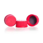 Tapón roscado con junta de silicona revestida de PTFE, resistente a altas temperaturas. DURAN®. Rosca DIN (GL): 25. Diámetro externo (mm): 33. Altura (mm): 23. Color: rojo. Material: PBT