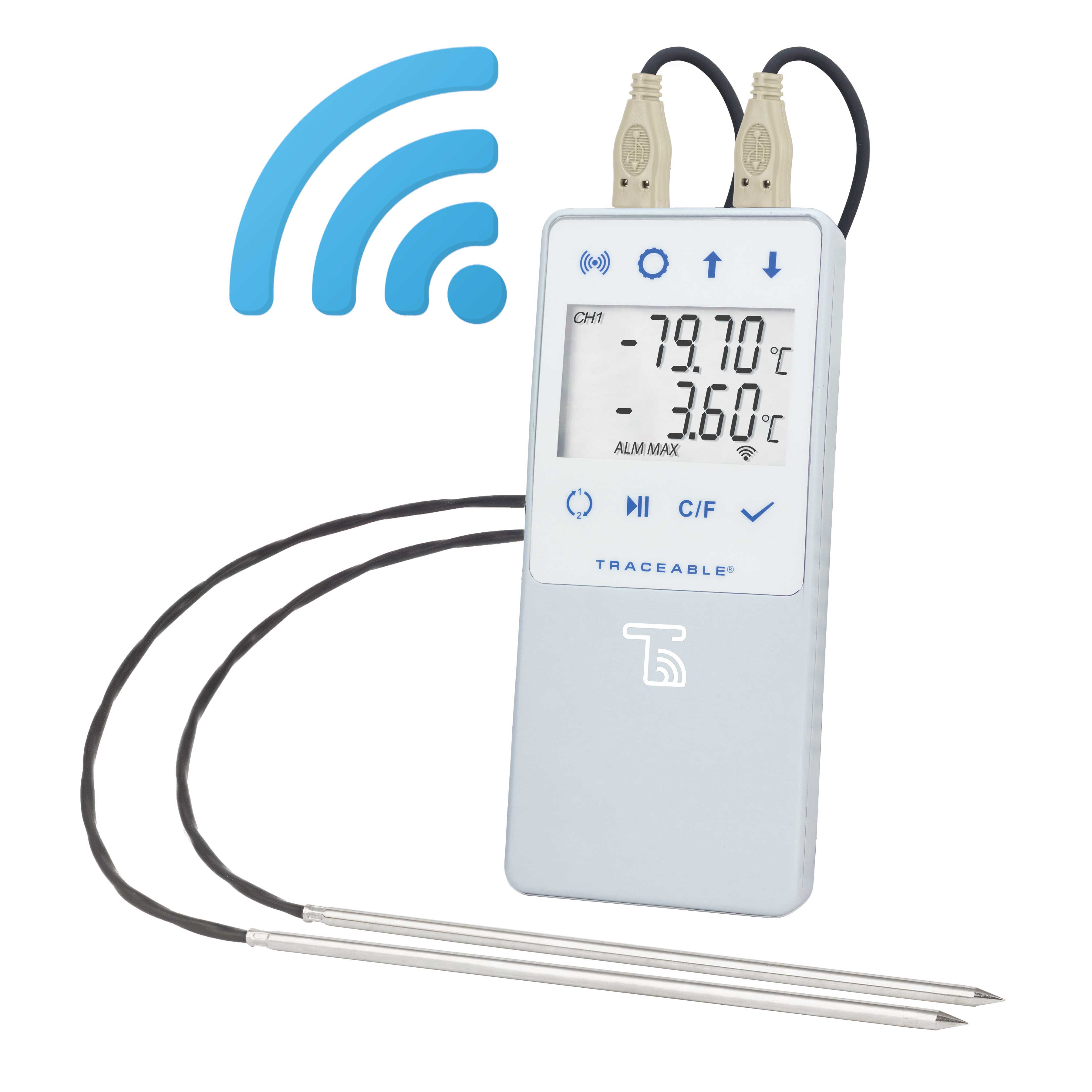 Termómetro digital de registro de datos conectados mediante Wi-Fi TraceableLIVE® con alertas en tiempo real. TRACEABLE. Rango: –90.00 a 105,00°C. Exactitud: ±0,1°C. Resolución: 0,01°C. Sondas: 2 sondas de acero inox. 316 con sensor de platino RTD. Puntos de calibración: –80°C, –40°C, 0°C, 100°C. Aplicación: Ultra-congeladores