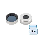 Cápsula aluminio N 20, plateado, orificio central. MACHEREY NAGEL. Septum: Butilo gris oscuro/gris PTFE (sólo laminado centralmente con PTFE, normalmente llamado Pharma-Fix). Dureza: 50° shore A Espesor: 3. 