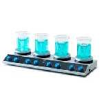 Multiple-position heating magnetic stirrers AM 4. 4 positions. VELP®. Speed (rpm): Up to 1500. Stirring volume (l): Up to 15 (x 4 pos.). Temperature range (ºC): Up to 310. Plate diameter (mm): 135