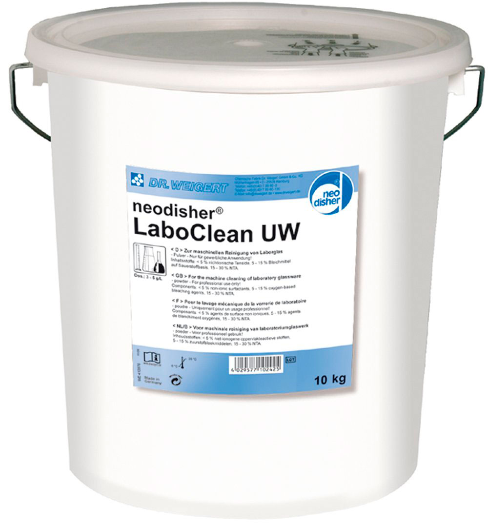Detergente Neodisher UW. Detergente en polvo alcalino suave indicado para el lavado de vidrio de laboratorio de analítica de agua. Absolutamente sin fosfatos.
