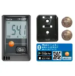 Testo 174H BT temperature and humidity data logger with Bluetooth app connectivity. TESTO. Measuring range: -20 to +70 °C and 0 to 100 %RH. Resolution: 0.1 °C and 0.1 %RH. Accuracy: ±0.5 °C and ±3 %RH (2 to 98 %RH) or ±0.03 %RH/K.  Includes wall bracket, batteries (2 x CR2032 lithium) and test report