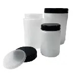 Frascos tipo duquesa de cuello ancho con tapón y obturador. Cap. (ml): 250. Material: HDPE. Color (cuerpo/tapón): Blanco/Negro