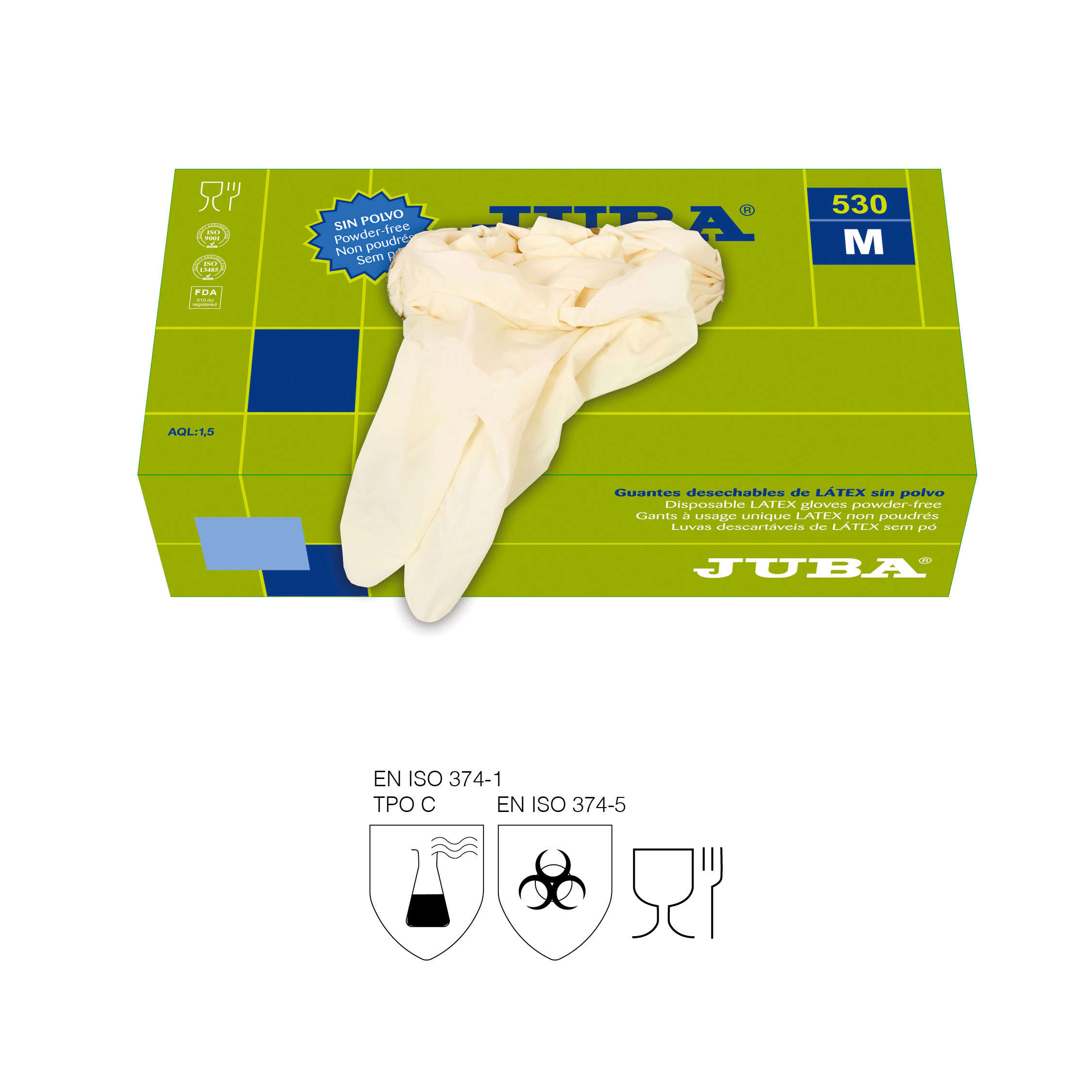 Disposable latex gloves powder free. JUBA®. Model: 530. Description: Suitable for the food industry. Ambidextrous. Category III. AQL 1,5. Size: M. Finish: Without powder. Colour: Natural. Depth (mm): 0,15. Weight (g): 6,6. Large (cm): 24