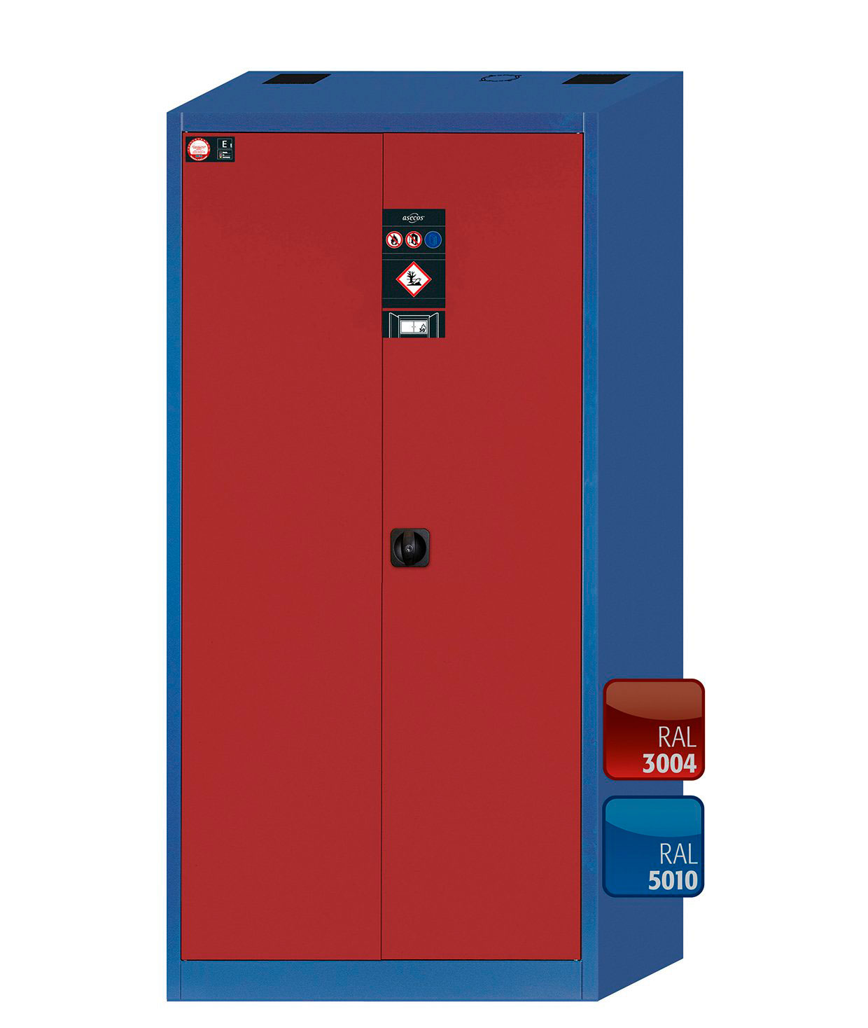 Armario ecológico. ASECOS. Modelo: EM.195.095.F. Color cuerpo/puerta: Azul genciana/ Rojo púrpura. Equipamiento: Equipamiento interior con 4 x bandeja y un cofre de seguridad. Carga máx. (kg): 300. Dim. AnxAlxPr (mm): 950 x1950x500. Peso (Kg): 134
