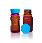 Frascos para laboratorio YOUTILITY ámbar con tapón y anillo de vertido en PP. DURAN®. Capacidad (mL): 125. Rosca DIN (GL): 45. Diámetro (mm): 55. Altura (mm): 124