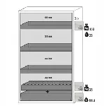 Paquete de equipamiento para armarios de seguridad para productos inflamables UNE EN 14470-1. Para modelos: S90.129.120.WDAS. ASECOS. Descripción: 3x bandeja tipo cubeta (V=33.0L), 1x bandeja perforada, 1x cubeto de retención (V=55.0L). Material: Plancha de acero plastificada RAL 7035