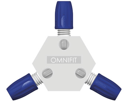 Connector with valve. 3-way, hexagonal. Bore (mm): 1,5. DIBA OMNIFIT