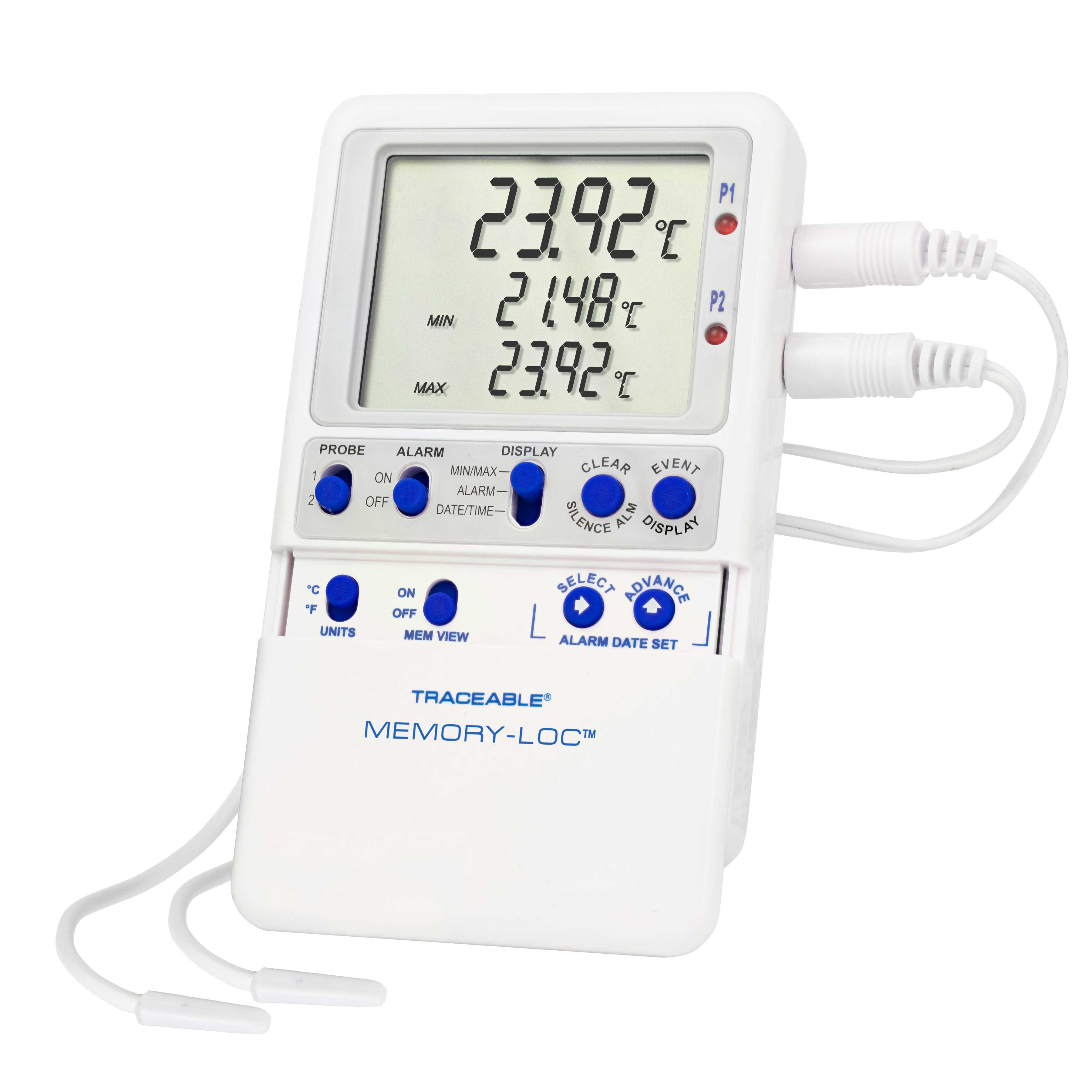Memory-Loc datalogging digital thermometer. TRACEABLE. Range: –50.00 to 70.00°C. Accuracy: ±0.25°C. Resolution: 0.01°C. Probes: 2 BulletTM probes. Application: Refrigerators and Freezers