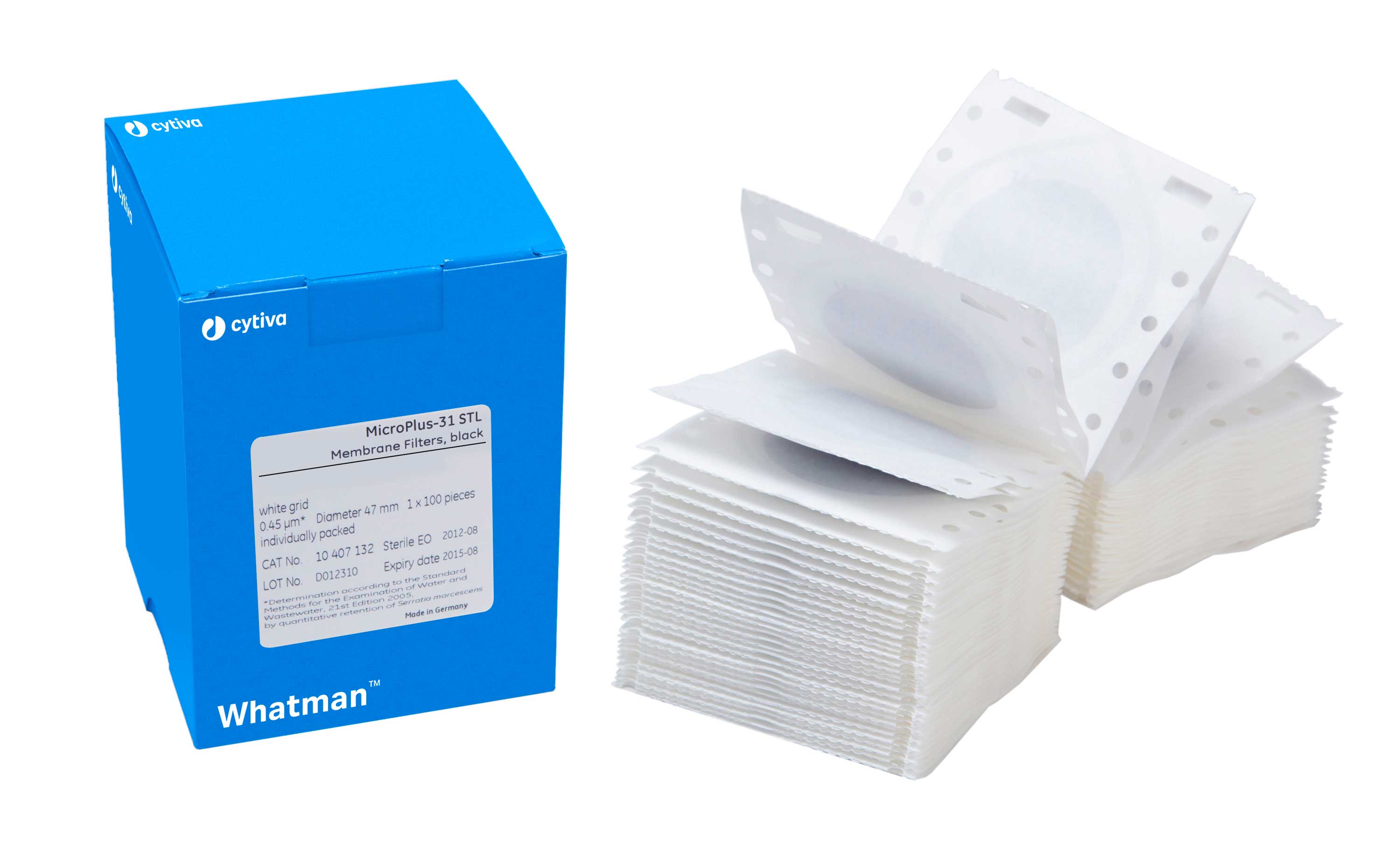 Filtration sterile cellulose nitrate membrane Microplus. Whatman™ (Cytiva). Material: Microplus-21STL. Ø (mm): 47. Porus size (µm): 0.45. Sterile: Yes. Grid: Black. Colour: Green
