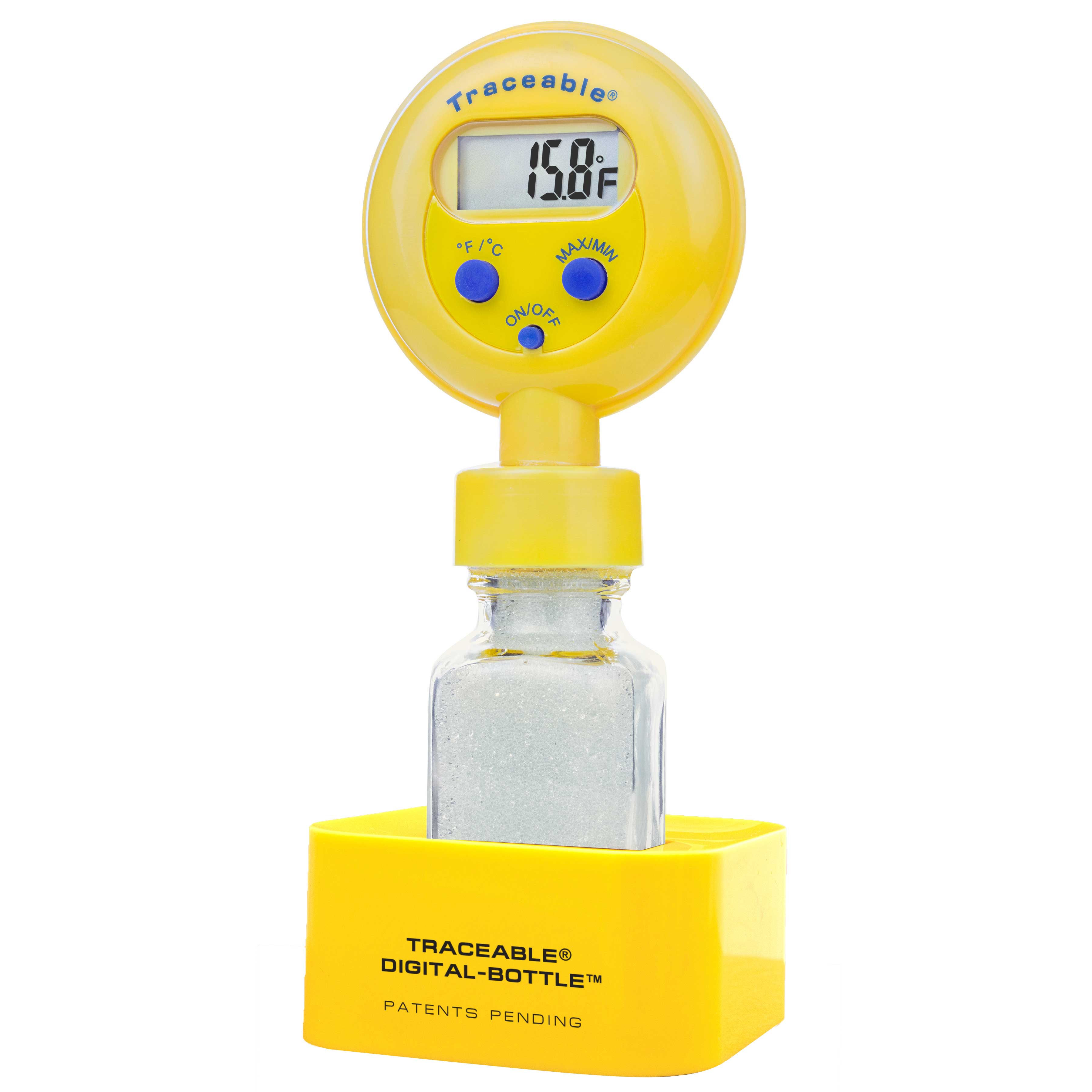 Termómetro para refrigerador/congelador Traceable Digital-Bottle. TRACEABLE. Rango temp.: –20,0 a 50,0°C. Exactitud: ±0,5°C (0 a 50ºC), ±1°C resto. Precisión: 0,1ºC. Sondas: Botella llena de cuentas de vidrio