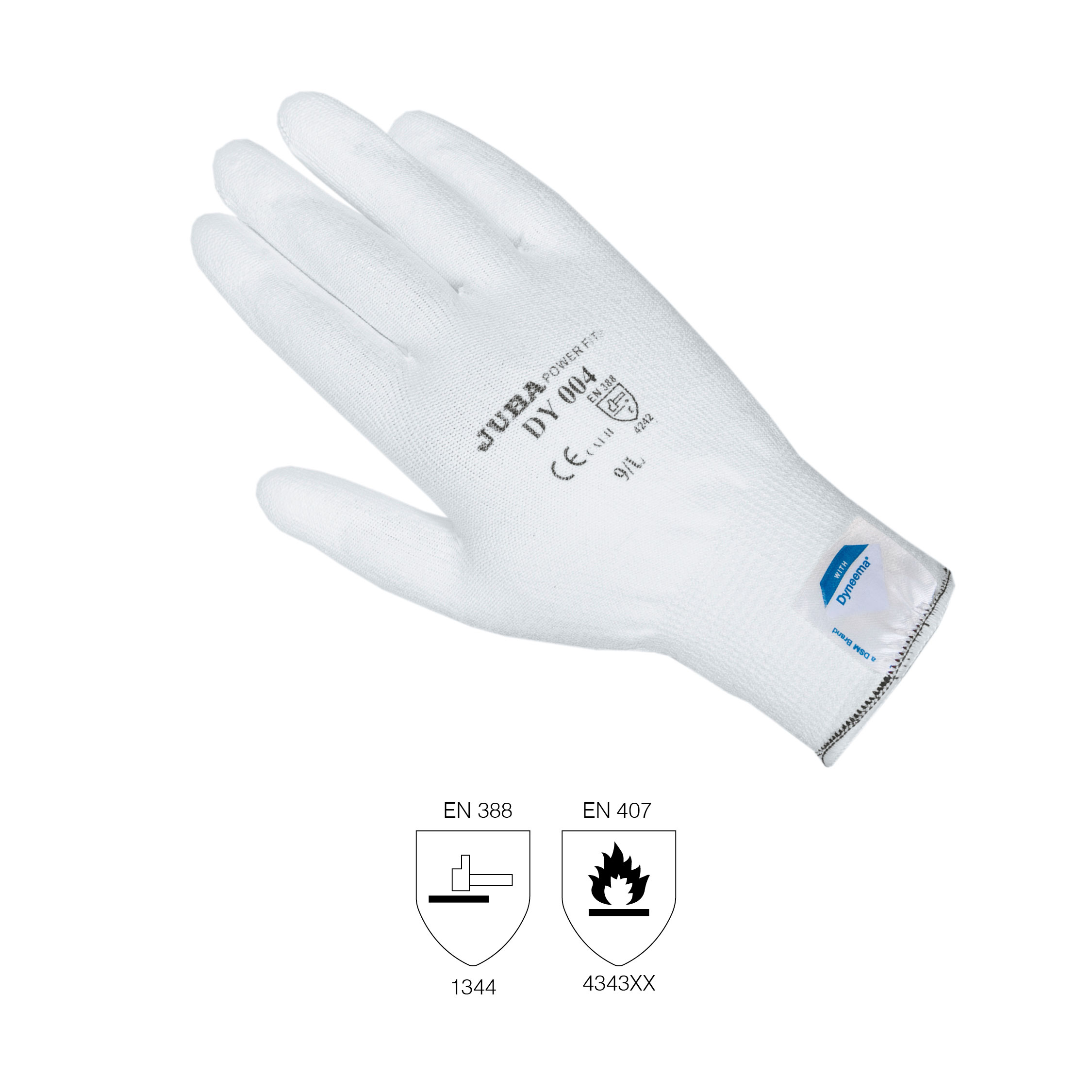 Dyneema gloves® with polyurethane coating. JUBA®. Model: DY004. Size: XL. Finish: Rec. palm PU. Colour: White. Depth: Gauge 13. Large (cm): 26