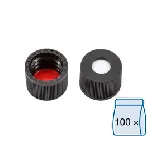 Tapón de rosca N 8 de polipropileno (PP), negro, orificio central. MACHEREY NAGEL. Septum: Silicona blanca/PTFE rojo. Dureza: 45° shore A. Grosor (mm): 1,3. 
