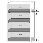 Paquete de equipamiento para armarios de seguridad para productos inflamables UNE EN 14470-1. Para modelos: S90.129.120.WDAS. ASECOS. Descripción: 3x bandeja tipo cubeta (V=33.0L), 1x cubeto de retención (V=33.0L). Material: PP gris