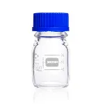 Frascos ISO graduados para laboratorio con rosca GL 45, transparente, con tapón roscado y anillo de vertido en PP azul. DURAN®. Capacidad (mL): 100. Diámetro (mm): 56. Altura (mm): 105