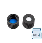 Tapón de rosca N 8 de polipropileno (PP), negro, orificio central. MACHEREY NAGEL. Septum: Silicona blanco/PTFE azul, ranurado. Dureza: 55° shore A. Grosor (mm): 1,0.