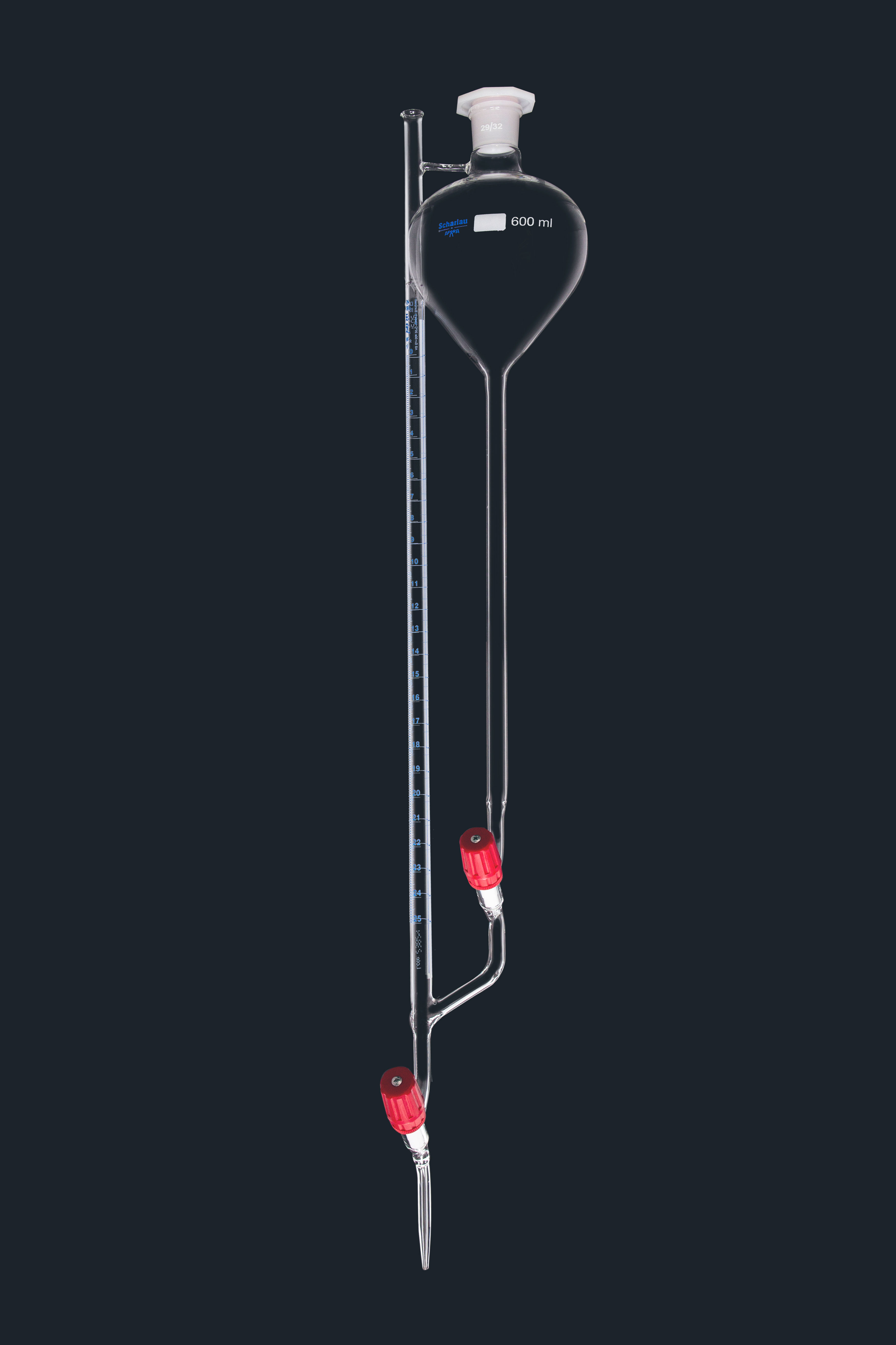 Burette with 600 ml reservoir, capacity 50 ml. Class A, with graduation 1/10,  PTFE needle stopcock.