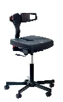 Polyurethane Koncept chair with backrest and black steel foot. Branches: Casters. Adjustable seat: Yes, in height and depth. Footrest: No. Colour: Black. Cleanroom: No. KANGO. Koncept range. Self-adaptive ergonomic laboratory chairs and stools
