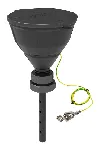 Black funnel 'ARNOLD' with ball-valve and lid, V2.0, PE-HD electrostatic conductive, with lance (220 mm), splash guard, removable sieve and grounding cable, funnel Ø 200 mm. Thread size: S70/71. SCAT®. Safety funnels with ball valve