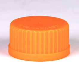 Tapón de resina de melamina para frascos ISO. Rosca ISO: GL45, color naranja. Incluye anillo de vertido anti-goteo