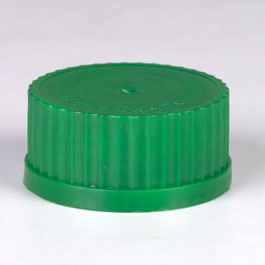Tapón de resina de melamina para frascos ISO. Rosca ISO: GL45, color verde. Incluye anillo de vertido anti-goteo
