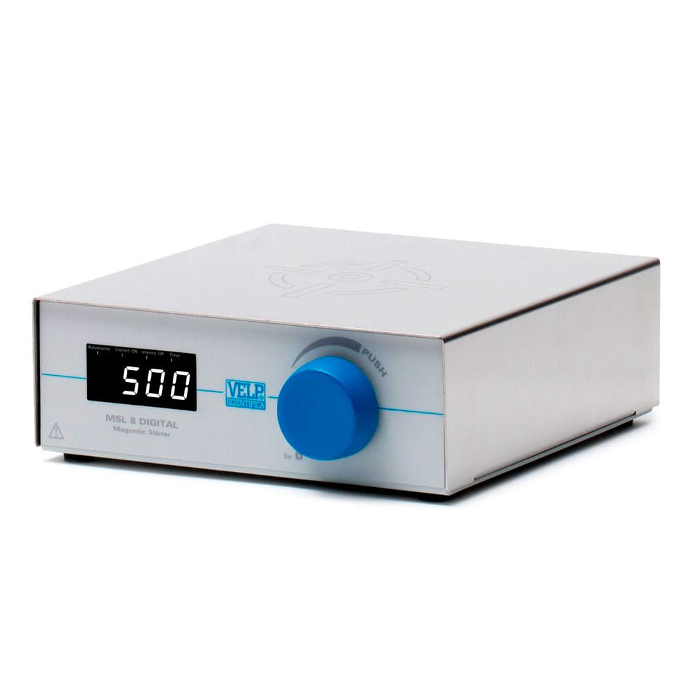 Agitador magnético MSL 8 Digital sin calefacción. VELP. Velocidad (rpm): 40-1500. Vol. agitación (l): Hasta 8. Material: Epoxi (estructura) / Acero inoxidable (Placa). Dim. AnxAlxPr (mm): 168x60x183. Potencia (W): 5. Peso (kg): 0,95