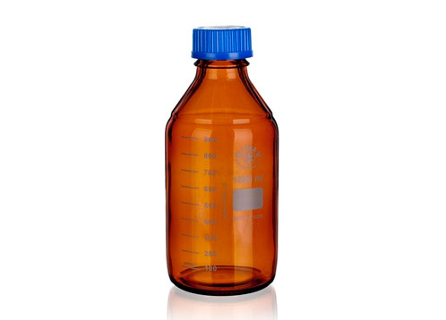 Laboratory bottle, 5000 ml, graduated, with PP Blue Screw-Cap, thread GL45, made of Borosilicate Amber Glass, ISO 4796-1