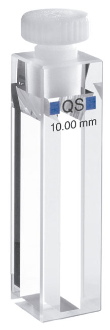 Cubeta para fluorimetría. HELLMA®. Modelo: Semi-micro-114F-QS. Cierre: Tapón de PTFE. Transmisión (mm): 10x4. Vol. cámara (µl): 1400