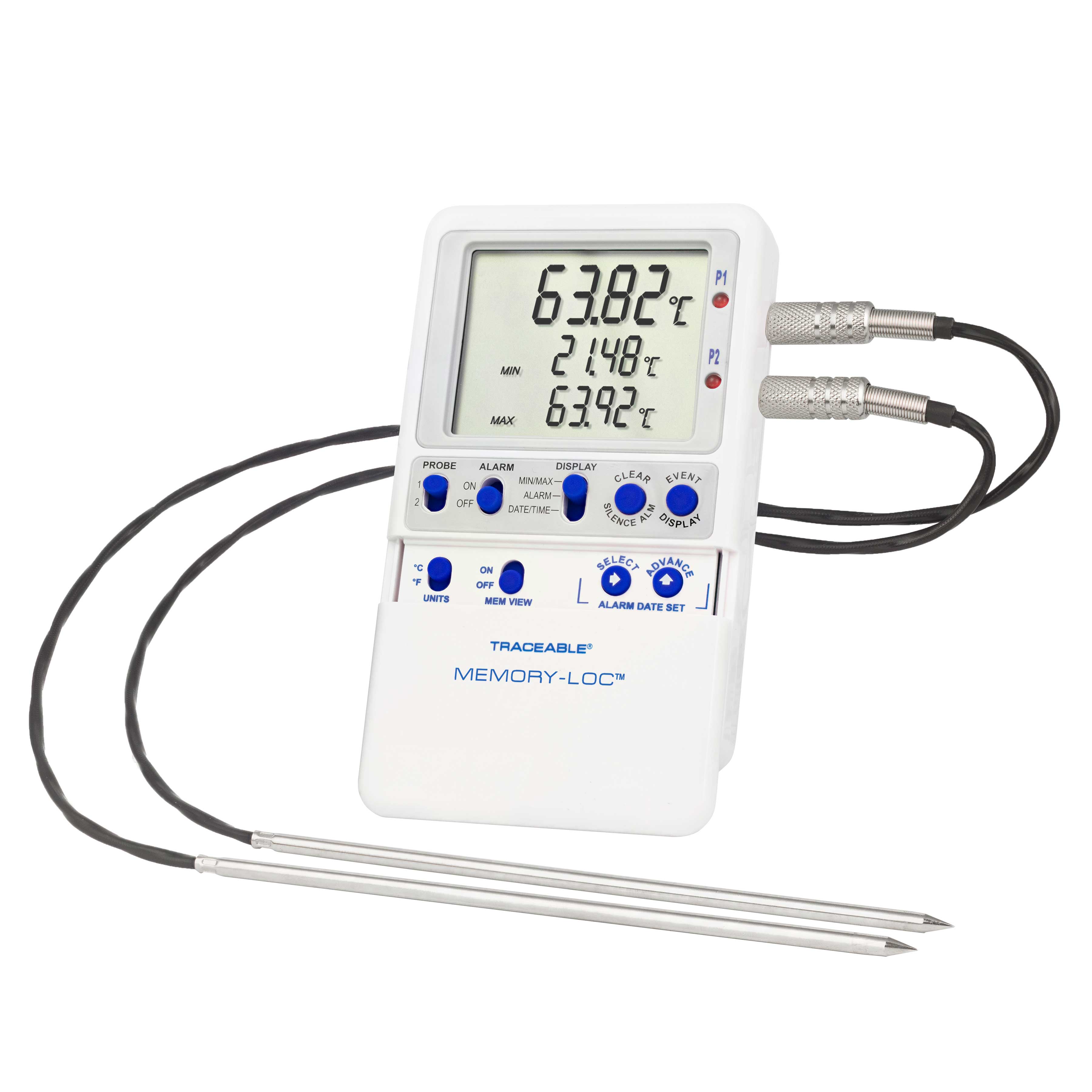 Excursion-Trac datalogging digital thermometer. TRACEABLE. Range: –90.00 to 105.00°C. Accuracy: ±0.2°C. Resolution: 0.01°C. Probes: Platinum RTD sensors, 2 stainless-steel 316 Probes. Application: Ultra-freezers