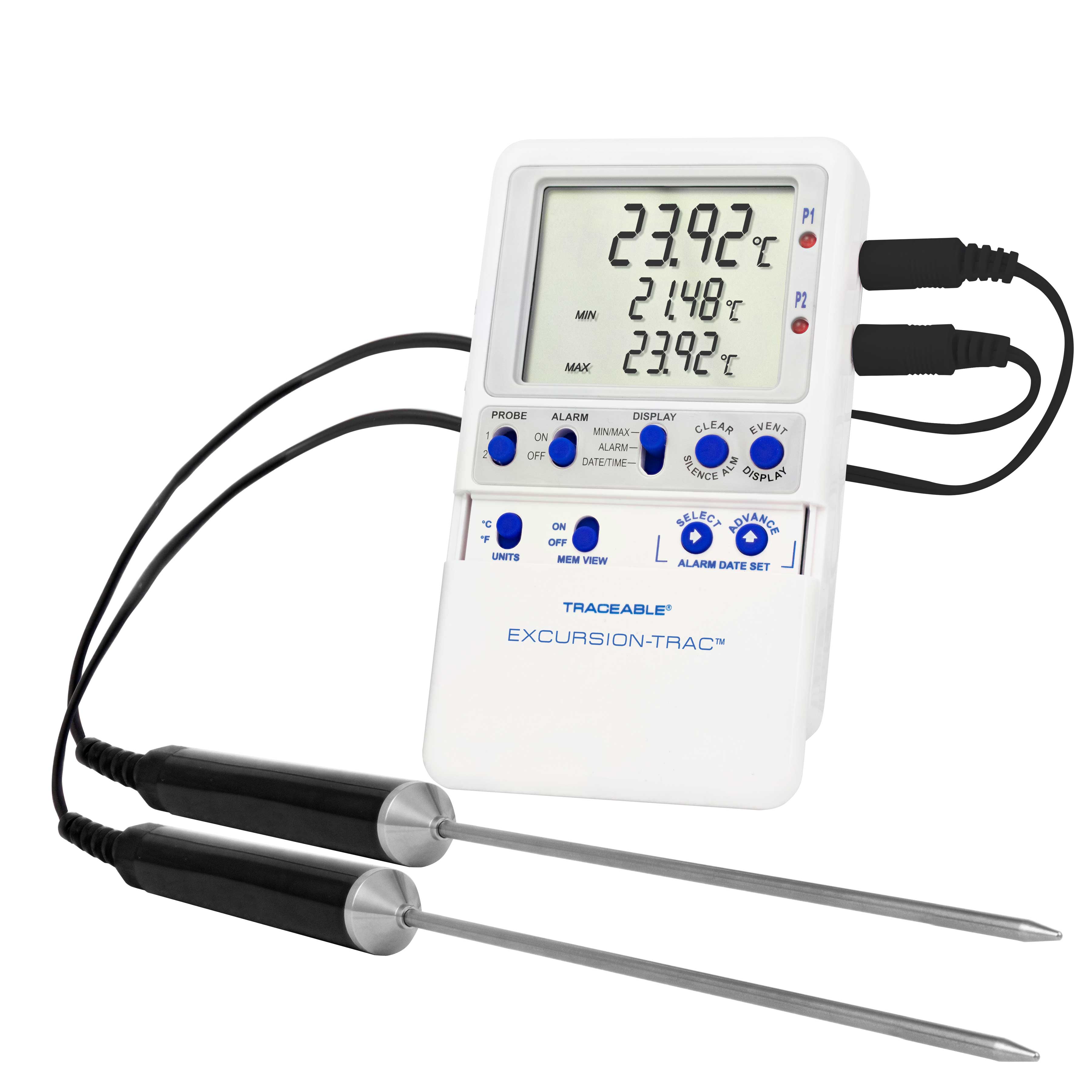 Excursion-Trac datalogging digital thermometer. TRACEABLE. Range: –50.00 to 70.00°C. Accuracy: ±0.25°C. Resolution: 0.01°C. Probes: 2 stainless-steel probes. Application: Refrigerators and Freezers
