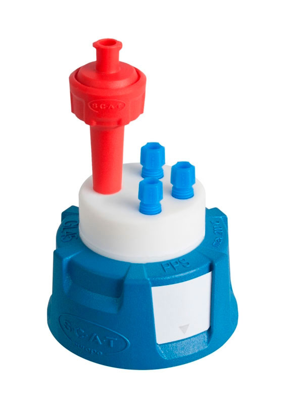 Safety Caps: extracción de disolvente segura. SCAT®. Rosca GL45 y válvula de aireación (HPLC). Safety Cap III, Ø 3,2 para GL45. Tomas (Ø ext.): 3x3,2mm (1/8')