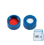 Tapón de rosca N 9 de polipropileno (PP), azul, orificio central. MACHEREY NAGEL. Septum: Silicona blanco/PTFE rojo. Dureza: 45° shore A. Grosor (mm): 1,0.