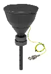 Black funnel 'ARNOLD' with ball-valve and lid, V2.0, PE-HD electrostatic conductive, with lance (220 mm), splash guard, removable sieve and grounding cable, funnel Ø 200 mm. Thread size: S65. SCAT®. Safety funnels with ball valve