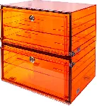 Acrylic desiccator. PLAS-LABS. Outer dim. HxWxD (mm): 609x457x609. Vol. (l): 169. Colour: Amber. Door: Folding door. Cubicles: 2. Shelves: 4. Positions for shelves: 10