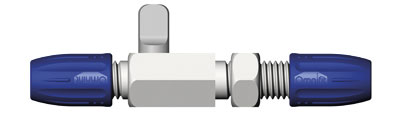 Connector with valve. 2-ways bulkhead mountable small-small. Bore (mm): 1,5. DIBA OMNIFIT