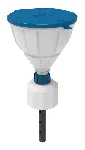 White funnel 'ARNOLD' with ball-valve and lid, V2.0, PE-HD, with lance (220 mm), splash guard and removable sieve, funnel Ø 200 mm. Thread size: B83. SCAT®. Safety funnels with ball valve