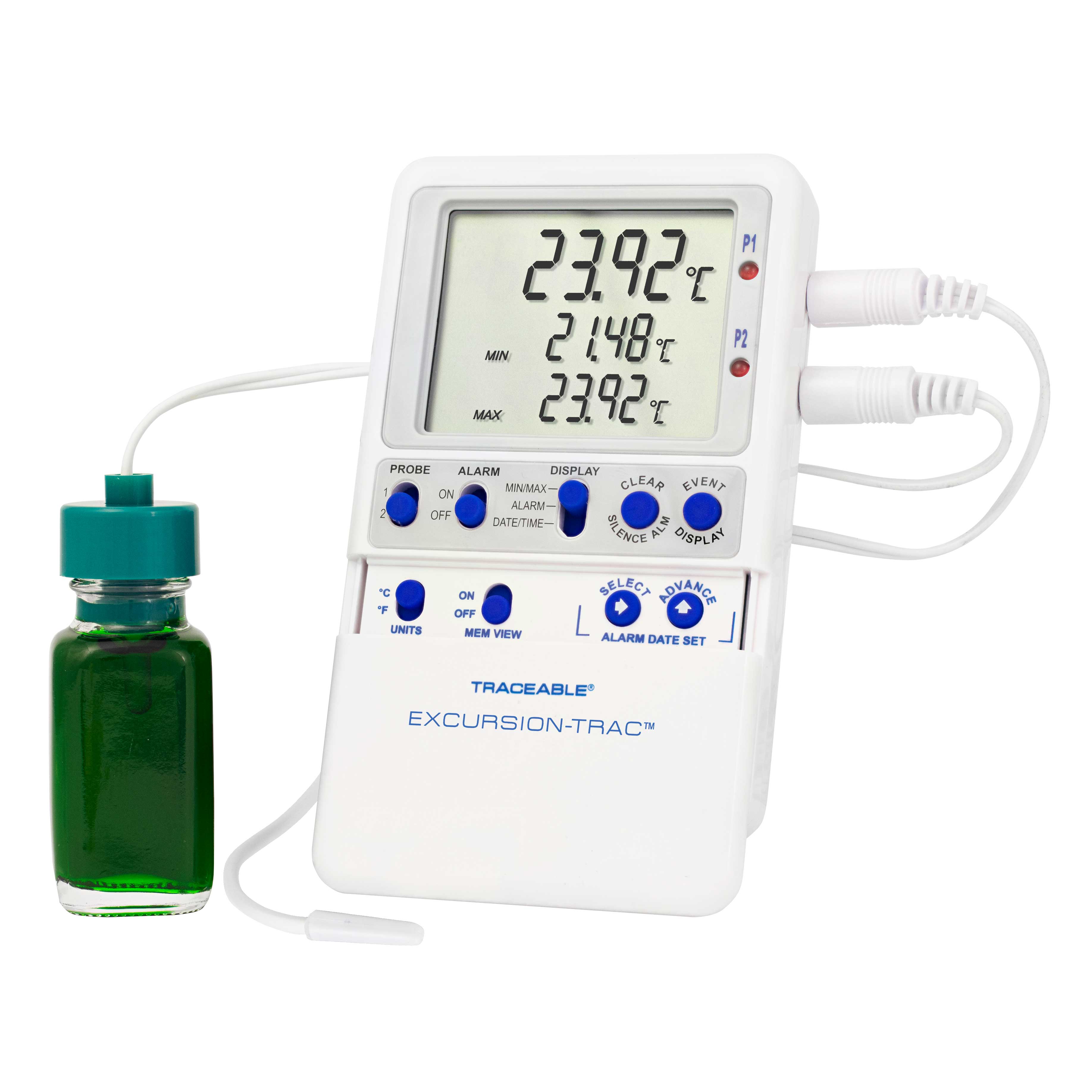 Excursion-Trac datalogging digital thermometer. TRACEABLE. Range: –50.00 to 70.00°C. Accuracy: ±0.25°C. Resolution: 0.01°C. Probes: 1 bottle and 1 BulletTM probe. Application: Refrigerators and Freezers
