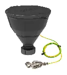 Black funnel 'ARNOLD' with lid, V2.0, PE-HD electrostatic conductive, with splash guard, removable sieve and grounding cable, funnel Ø 200 mm. Thread size: S60/61. SCAT®. Safety funnels