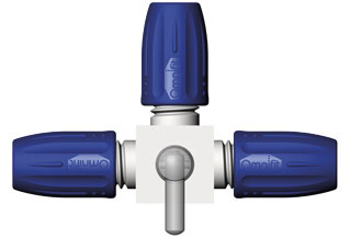 Connector with valve. 3-way, one valve. Bore (mm): 1,5. DIBA OMNIFIT